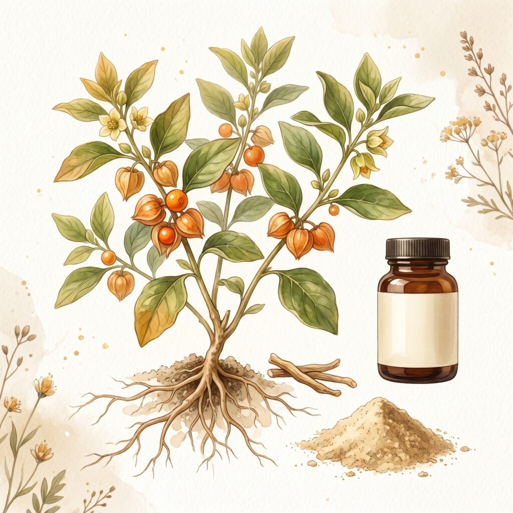 Planta de ashwagandha con raíces y suplemento natural para la ansiedad