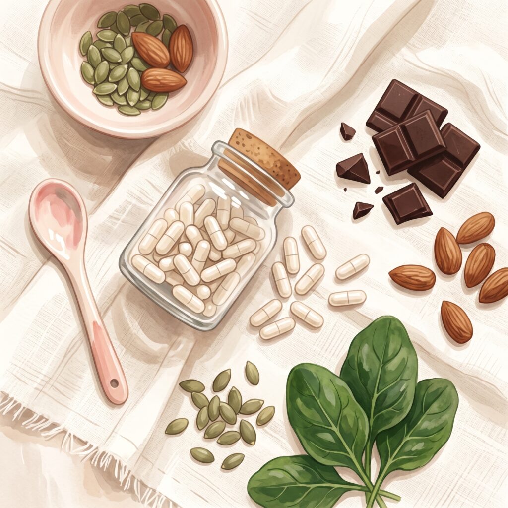 Suplemento de magnesio glicinato con alimentos ricos en magnesio para los nervios