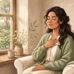 Mujer joven respirando profundo para calmar la ansiedad naturalmente