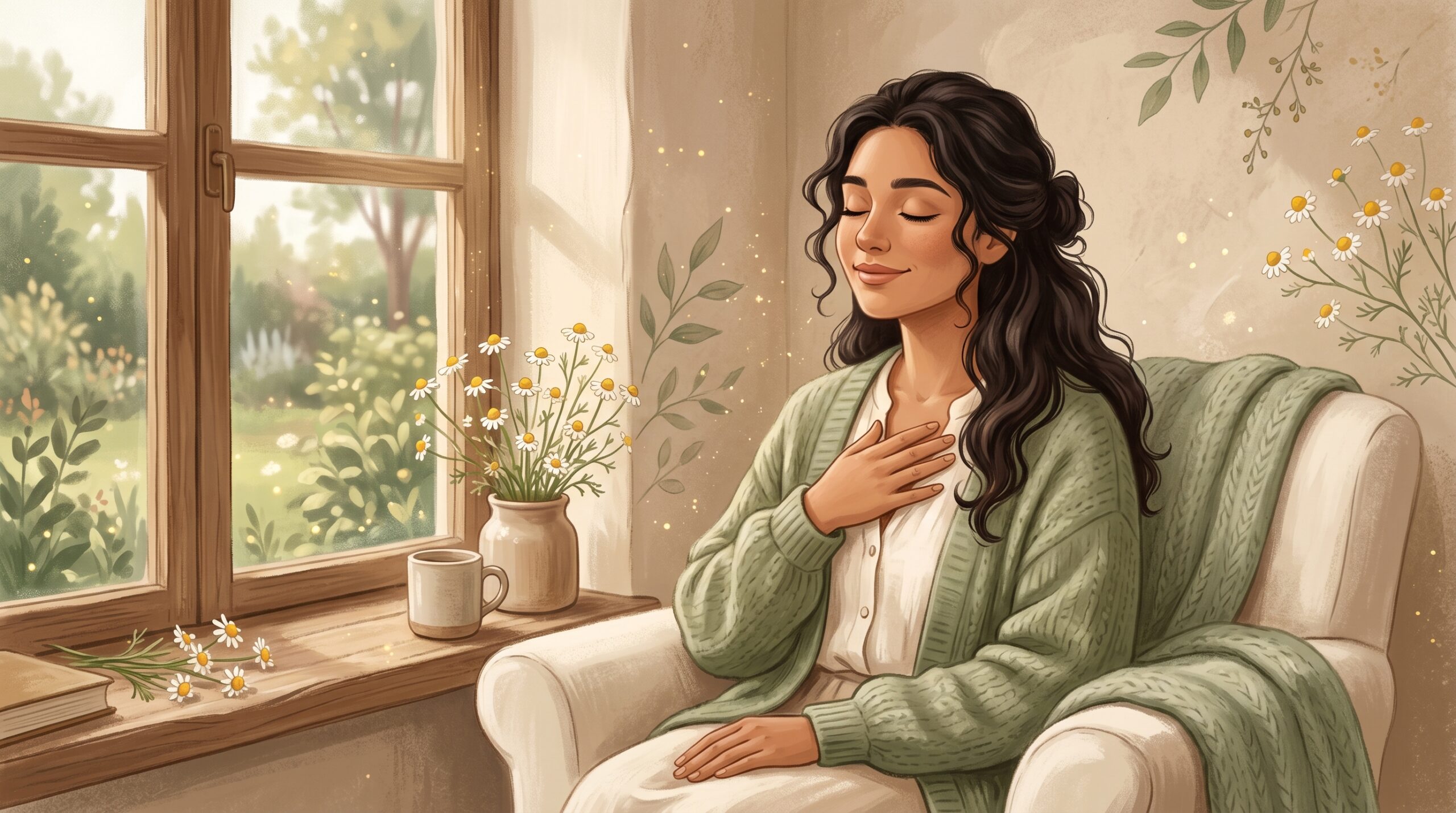Mujer joven respirando profundo para calmar la ansiedad naturalmente
