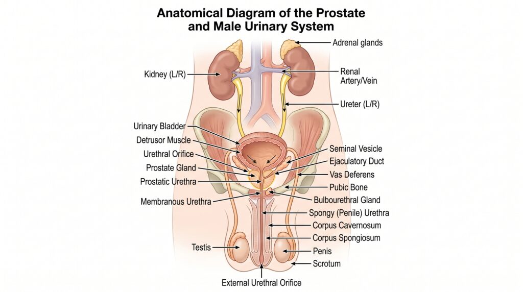 "Diagrama anatómico de la próstata y el sistema urinario masculino