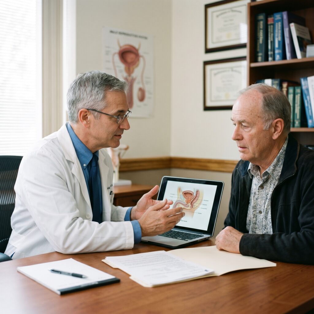 Médico explicando resultados de un examen de próstata a un paciente